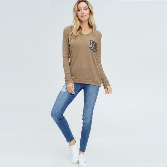 🔃 Mocha Sequin Pocket Top 21003 - Picture 3 of 5